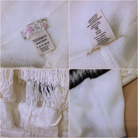 Free PeopleX Knitwear Poncho One Size Fringe Tassels Aztec Geometric White Black - Picture 9 of 11